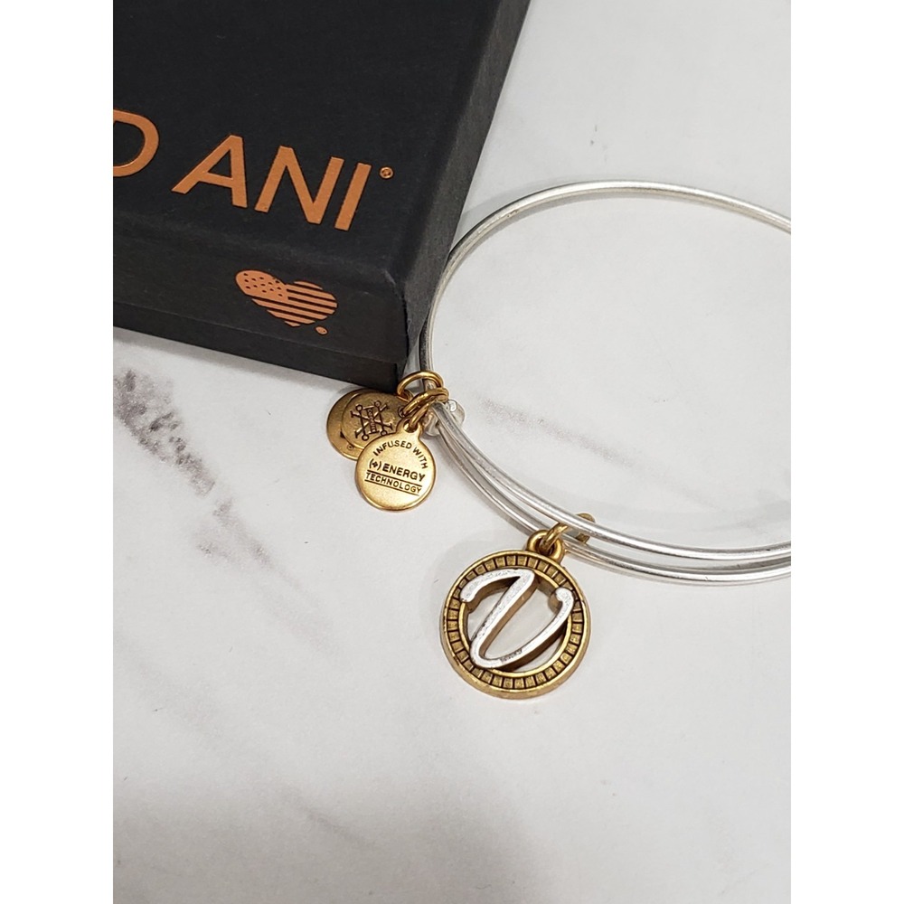 NEW ALEX AND ANI INITIAL V RAFAELIAN SILVER TONE BANGLE BRACELET ADJUSTABLE